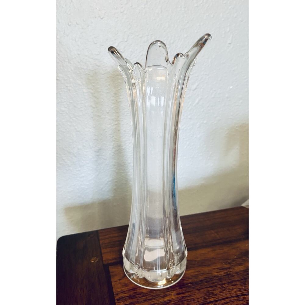 VTG MCM Clear Swung Style Uranium Stretch Glass Vase, 13"H x 3.5" Diam.